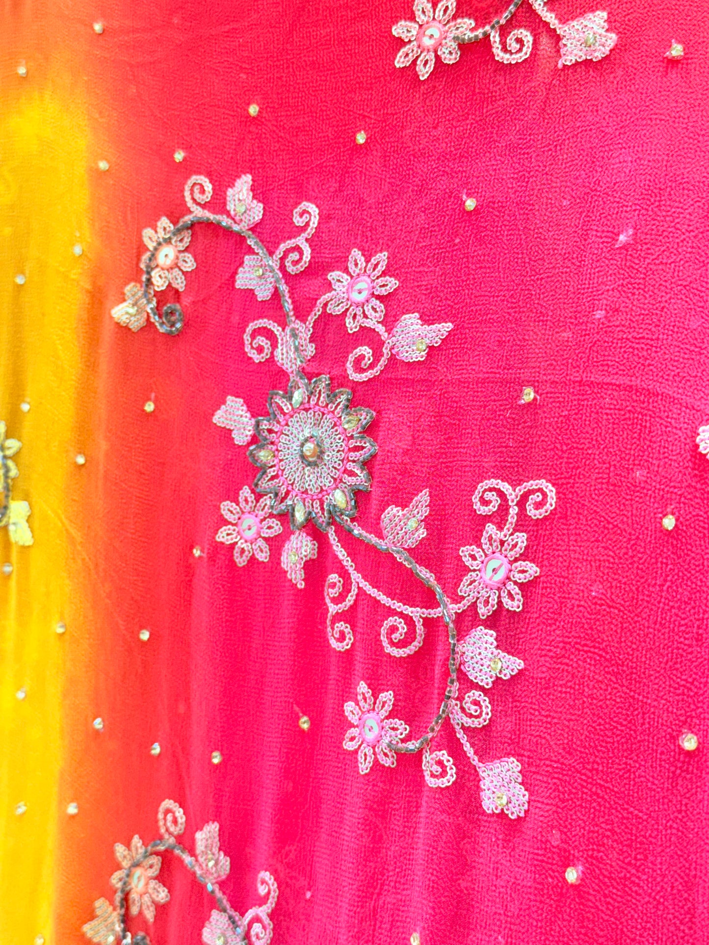 Premium Shaded Embroidered Georgette Unstitched Suit | Orange–Pink Ombre