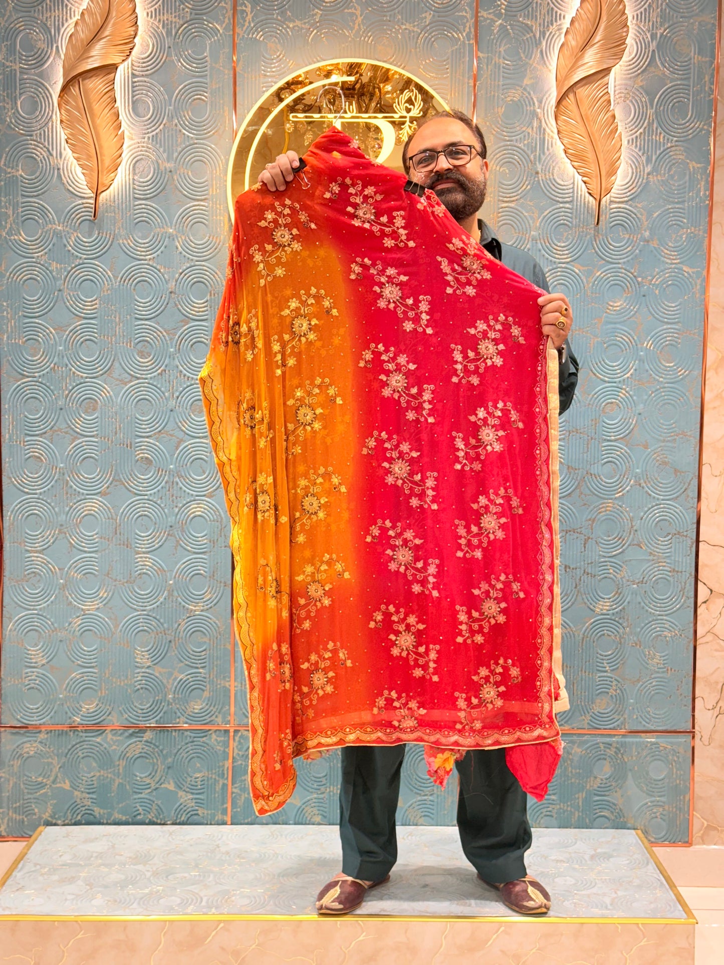 Premium Shaded Embroidered Georgette Unstitched Suit | Orange–Pink Ombre