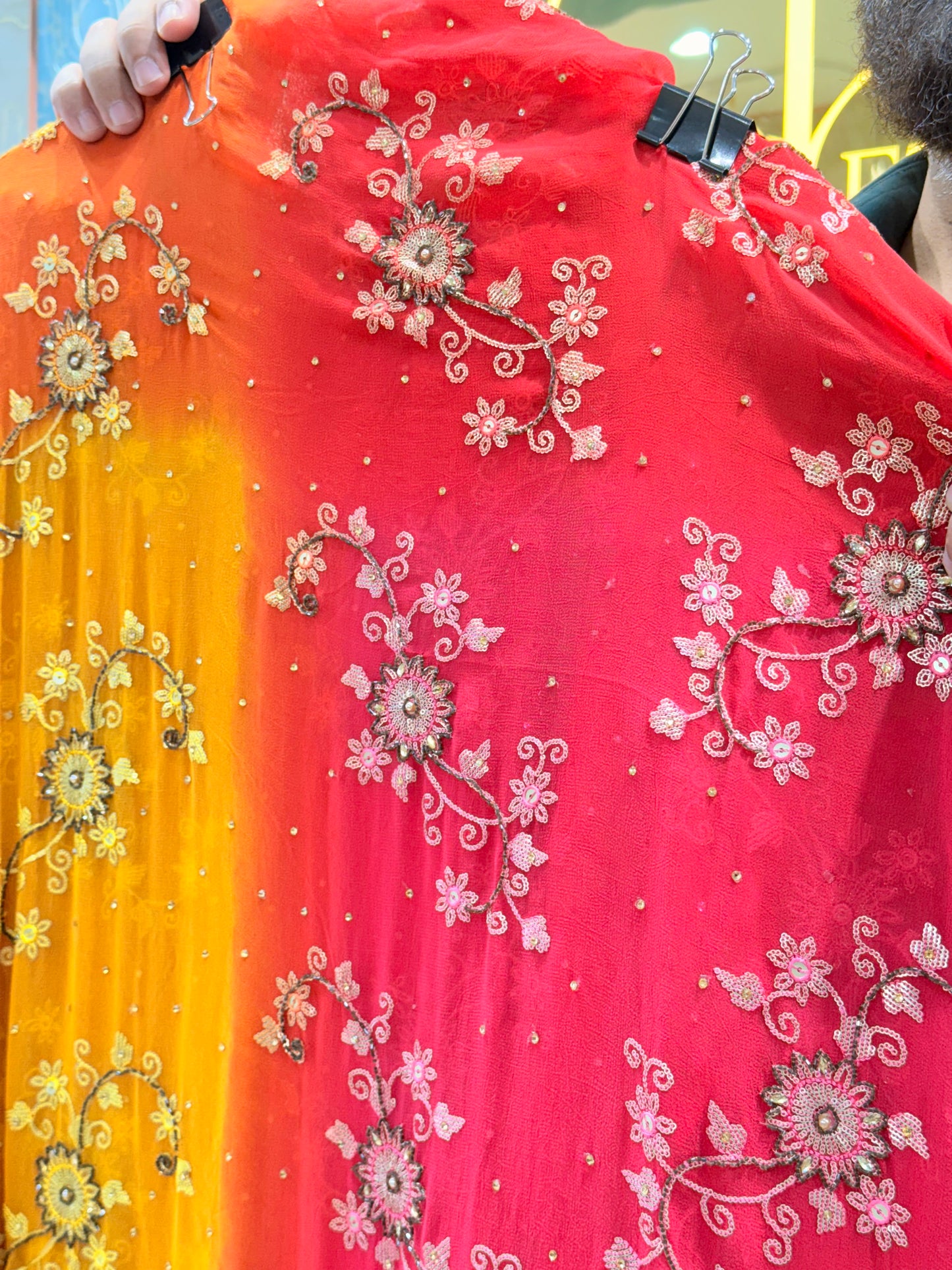 Premium Shaded Embroidered Georgette Unstitched Suit | Orange–Pink Ombre