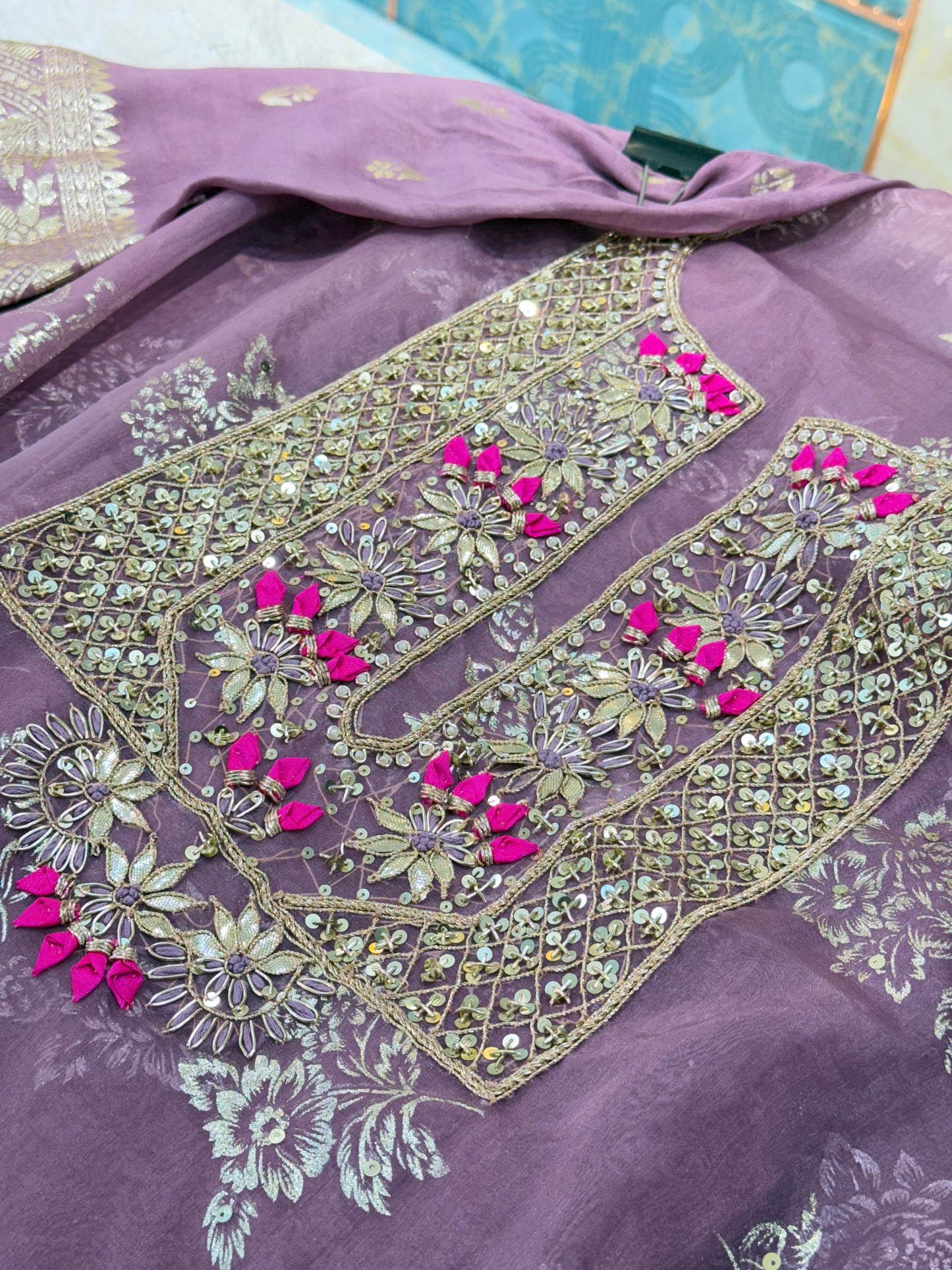 Premium Embroidered Unstitched Suit with Heavy Neck Work