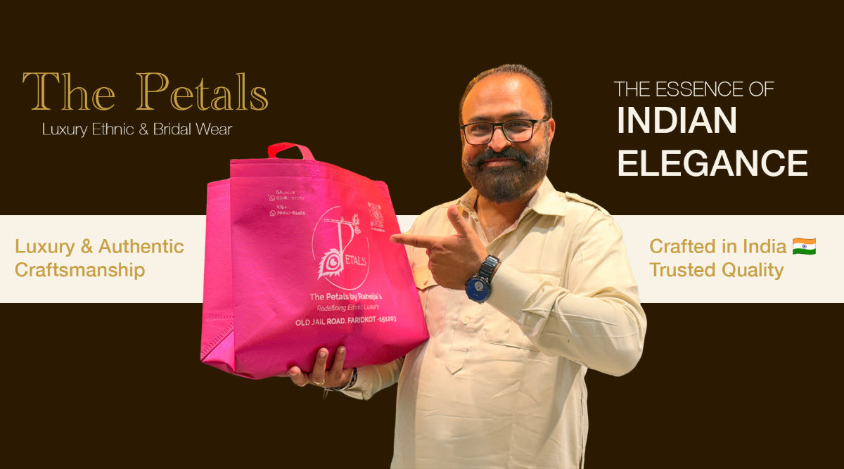 Man holding a pink bag with 'The Petals' branding, featuring text about luxury ethnic wear.
